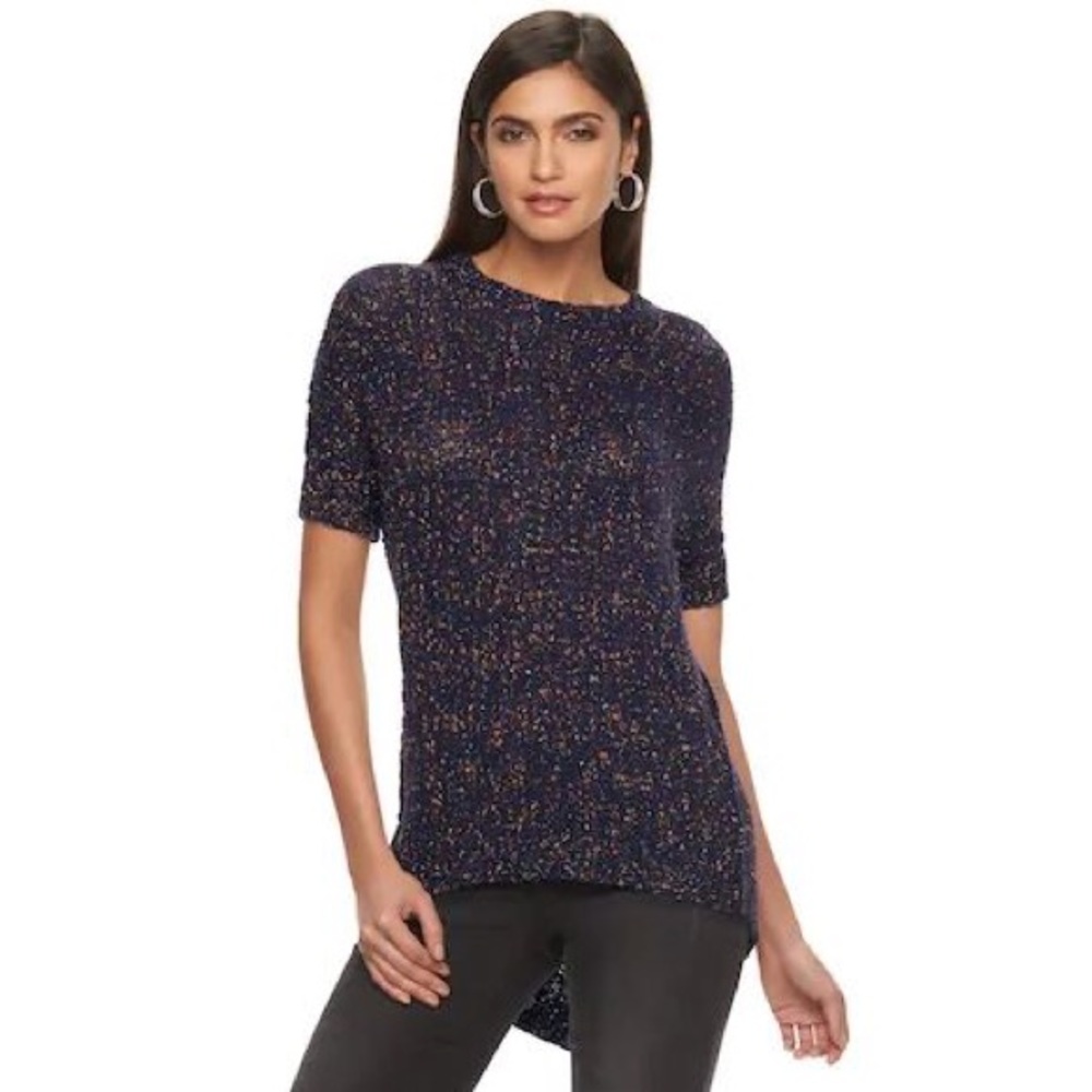 Tunic Short Sleeve Sweater with Metallic Knit